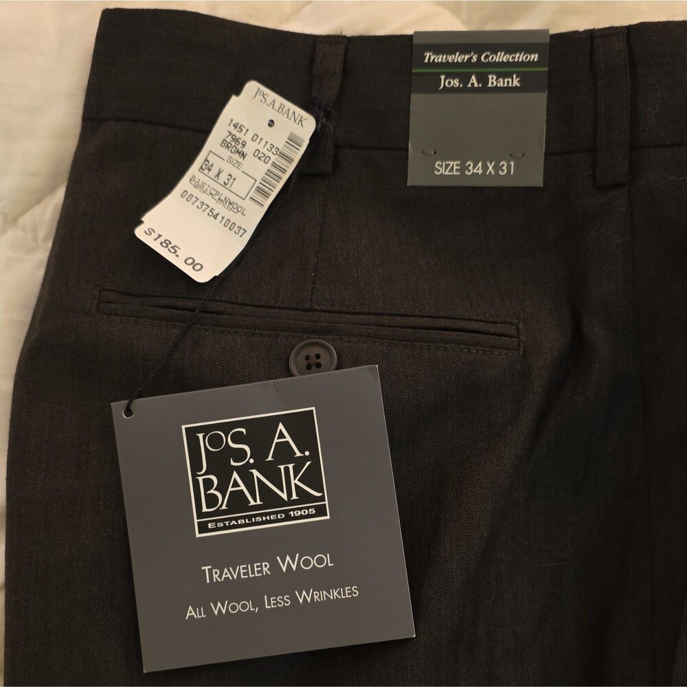 Jos. A. Bank Traveler's Collection 34x31 Wool Brown Herringbone Dress Pants